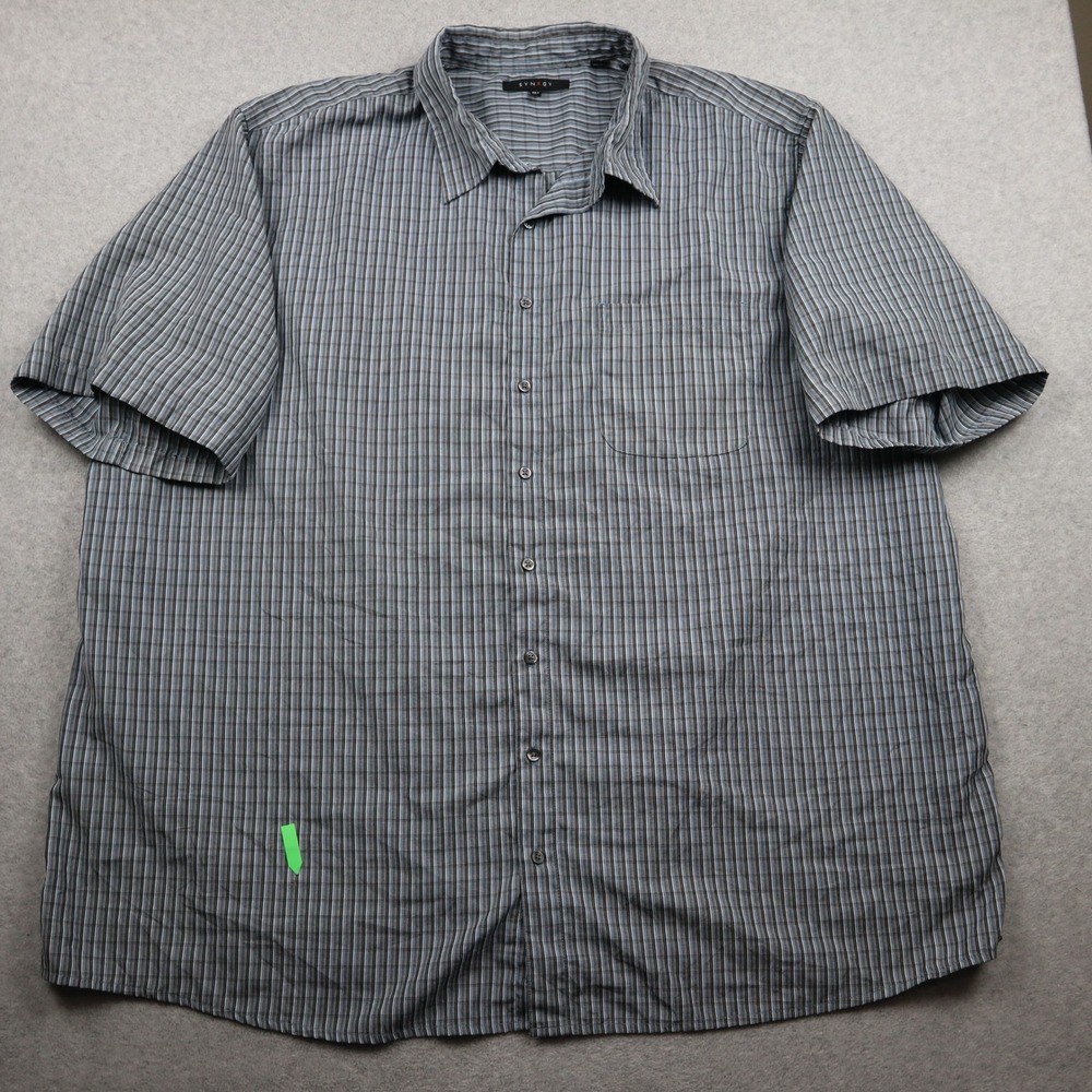 SYNRGY Button Down Shirt Mens 4XLT Short Sleeve Plaid Blue Grey Tall